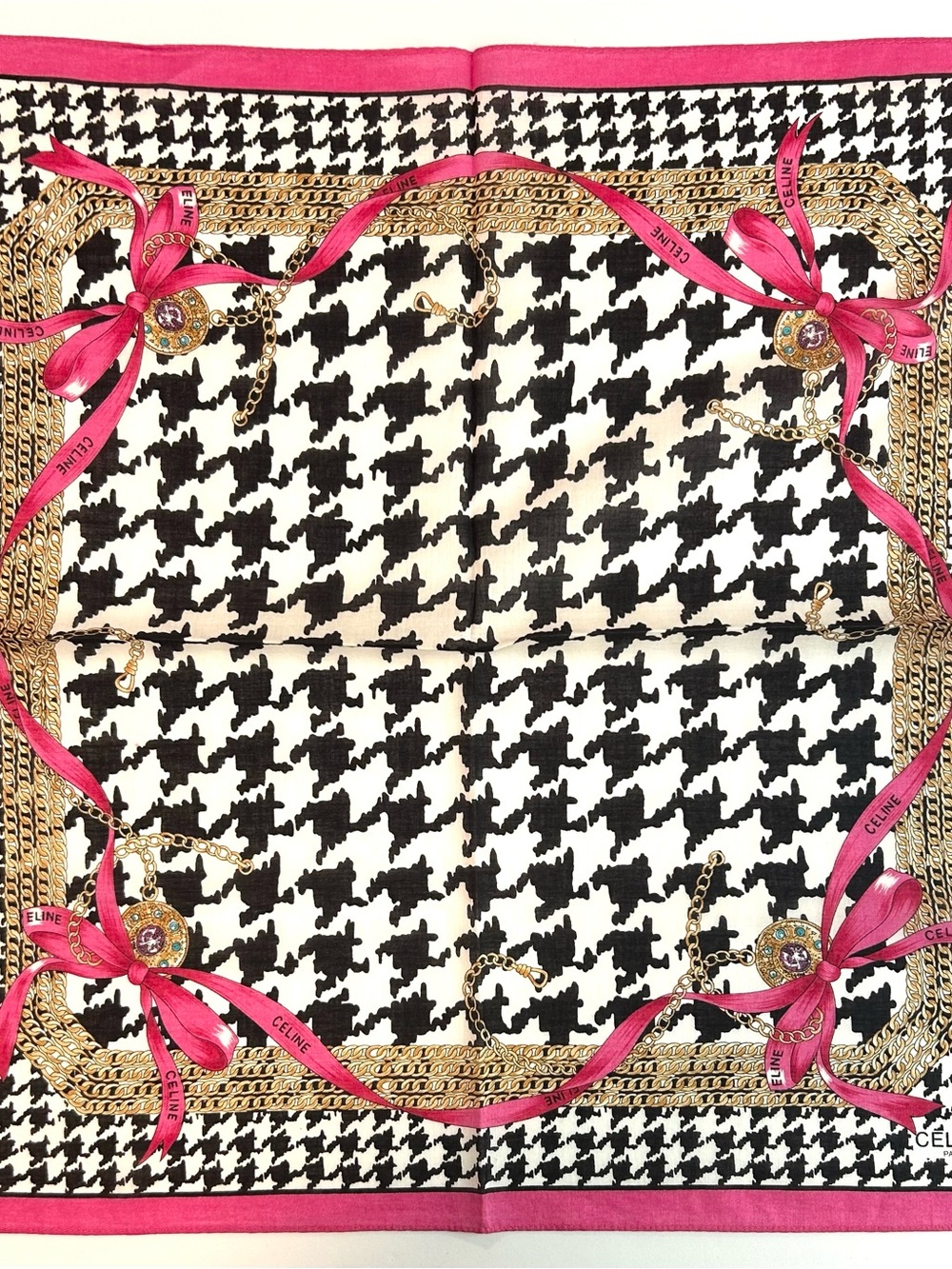 WOMEN HANDKERCHIEF CELINE Houndstooth Black Pink Bow COTTON POCKET SQUARE 18” - Picture 6 of 6